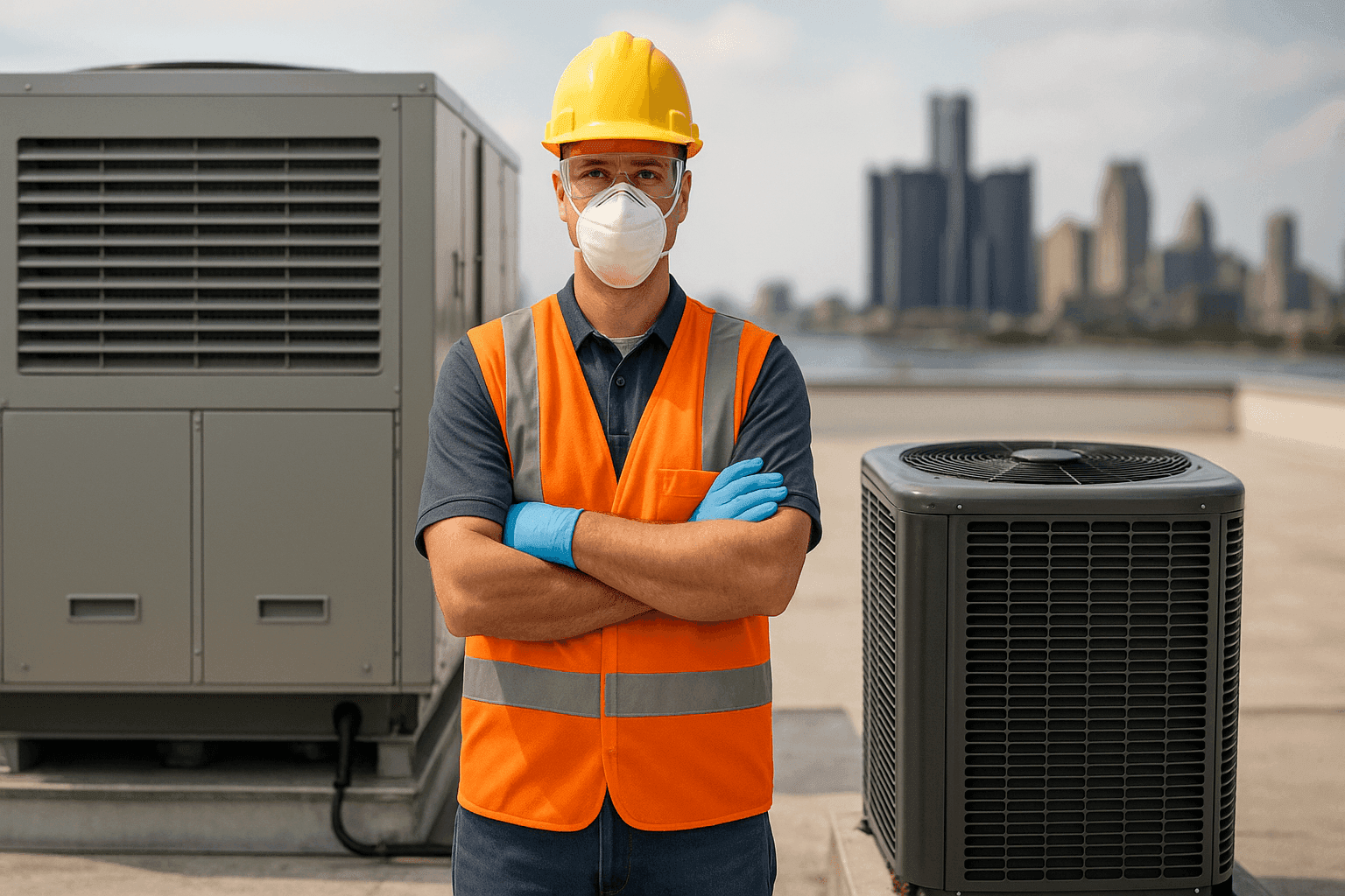Side-by-side comparison of commercial rooftop HVAC units and residential AC unit