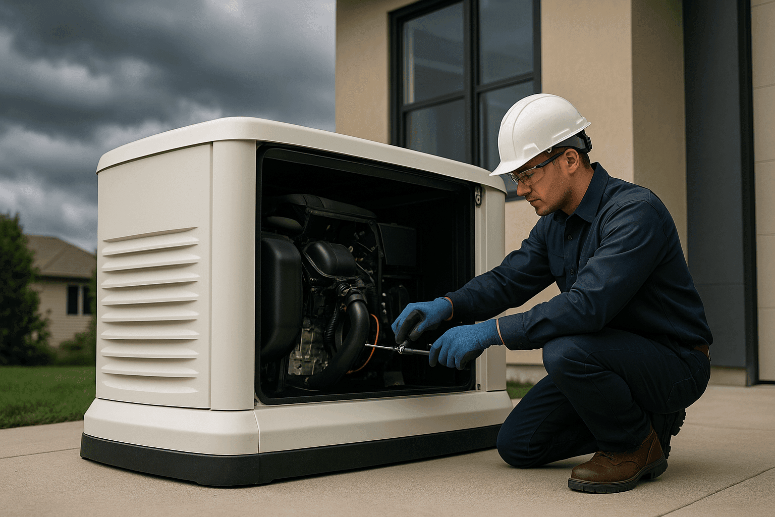Técnico realizando mantenimiento en un generador de reserva fuera de una casa