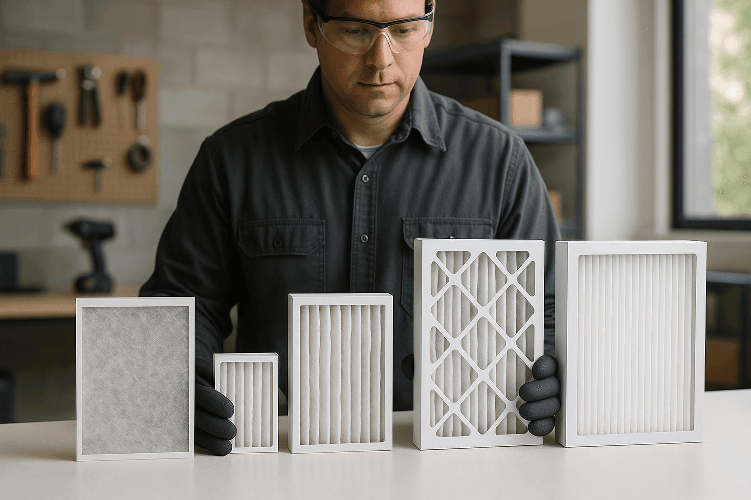 Técnico sosteniendo varios filtros de aire HVAC uno al lado del otro
