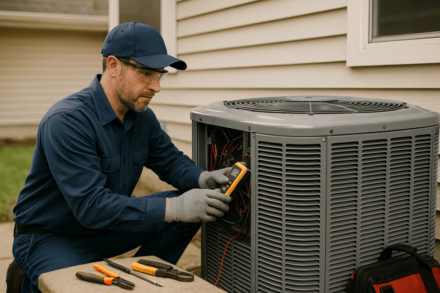 HVAC technician performing maintenance on a residential HVAC system