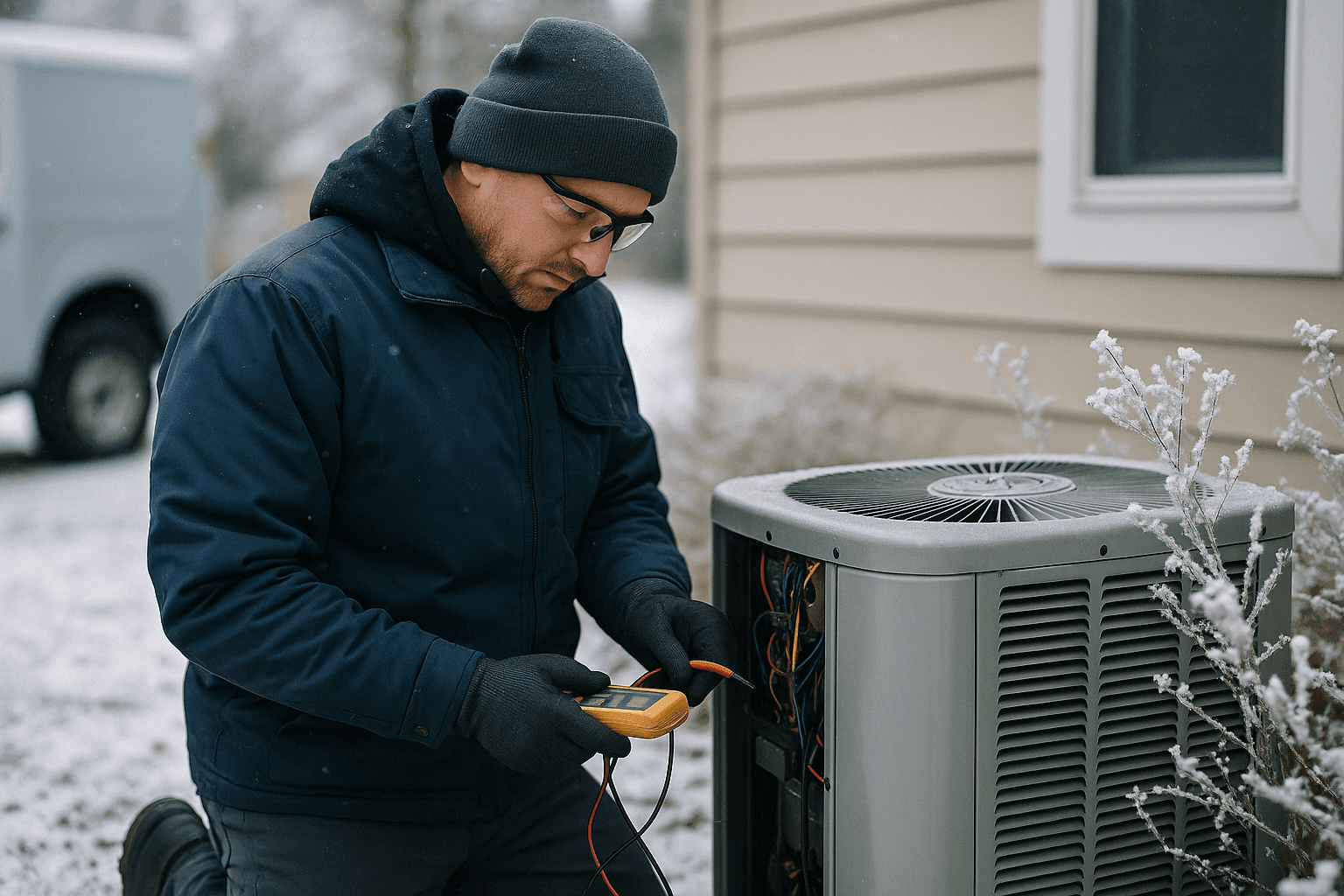 Technician inspecting outdoor HVAC unit during winter freeze