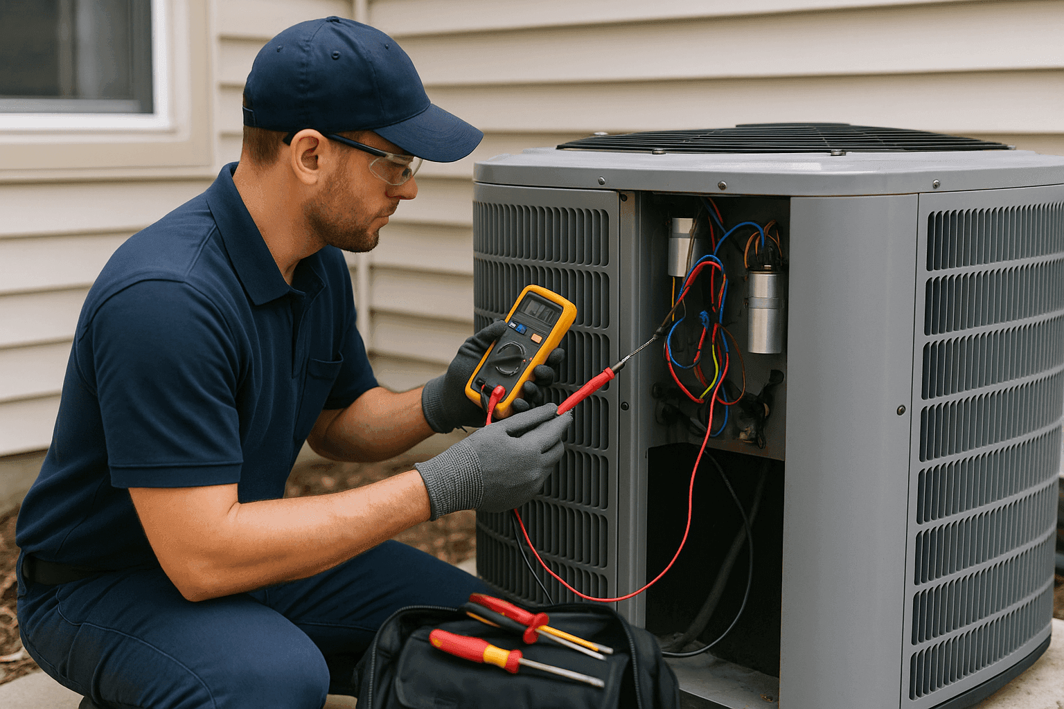 HVAC technician troubleshooting an air conditioning unit with diagnostic tools