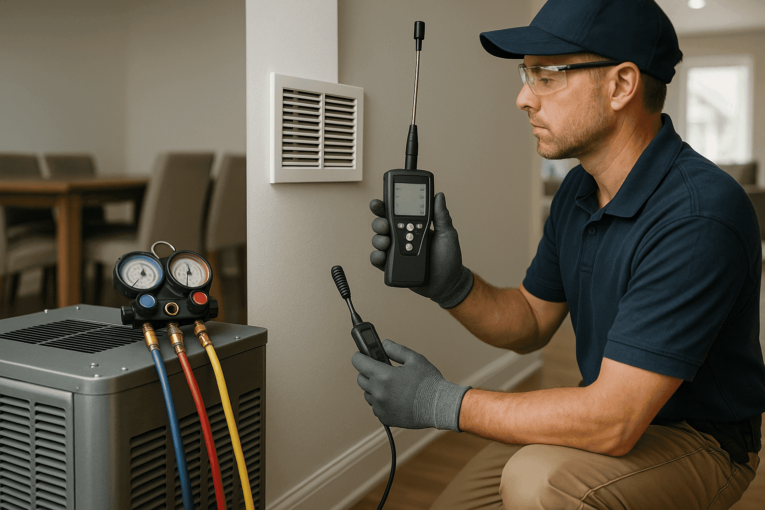 HVAC technician performing indoor air quality testing with diagnostic tools
