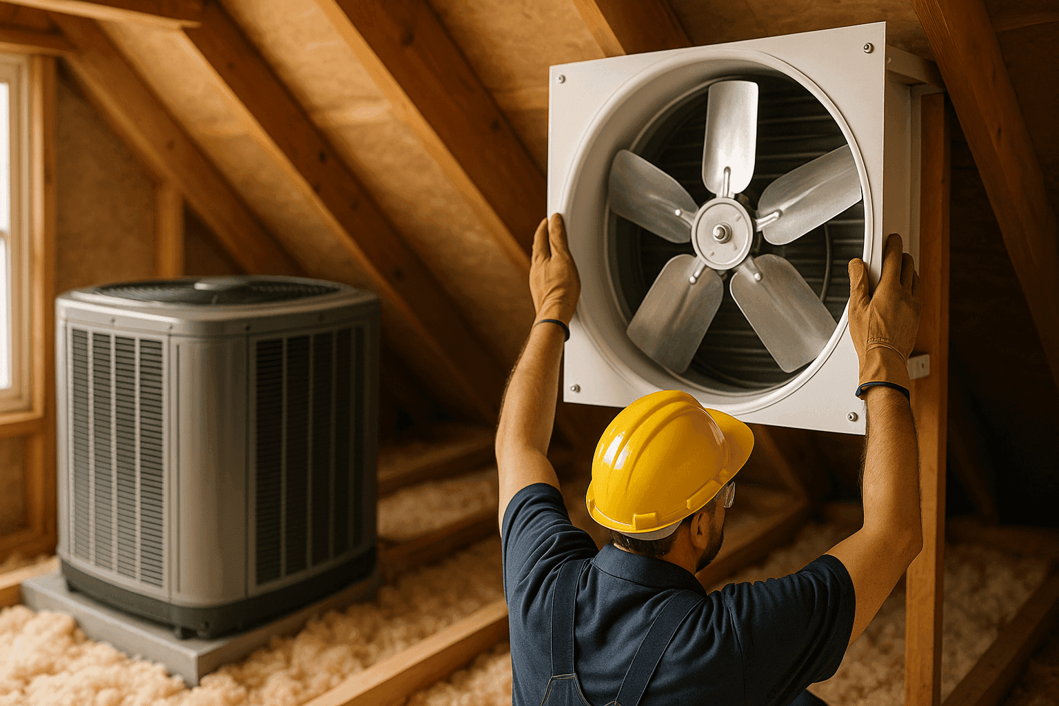 Technician installing whole-house fan next to traditional AC unit in attic